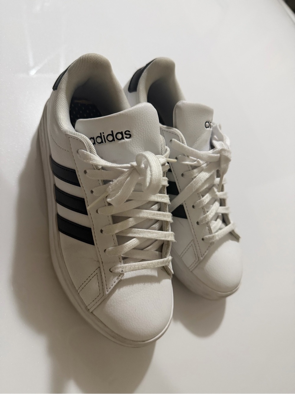 adidas Kids White Sneakers with Black Three Stripes